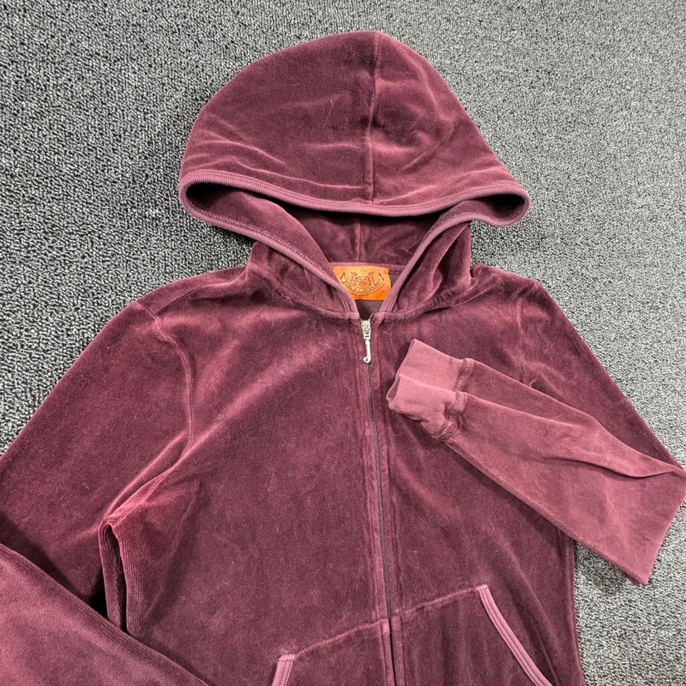 Vintage 90s Juicy Couture Velour Zip Up Hoodie Women's S Burgundy Plum Made USA
